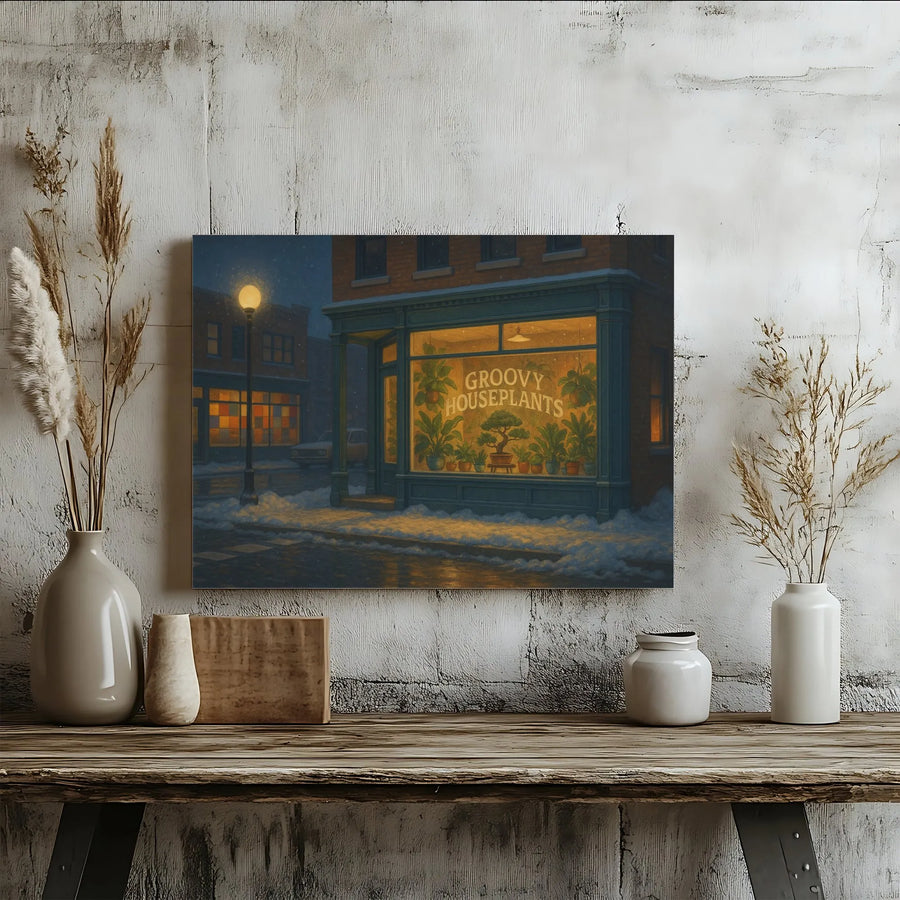 Groovy Houseplants Canvas Print | Snowy Night Shop Window Decor | Gallery Wrap Premium Wall Art | Cozy Botanical Gift For Plant Lovers