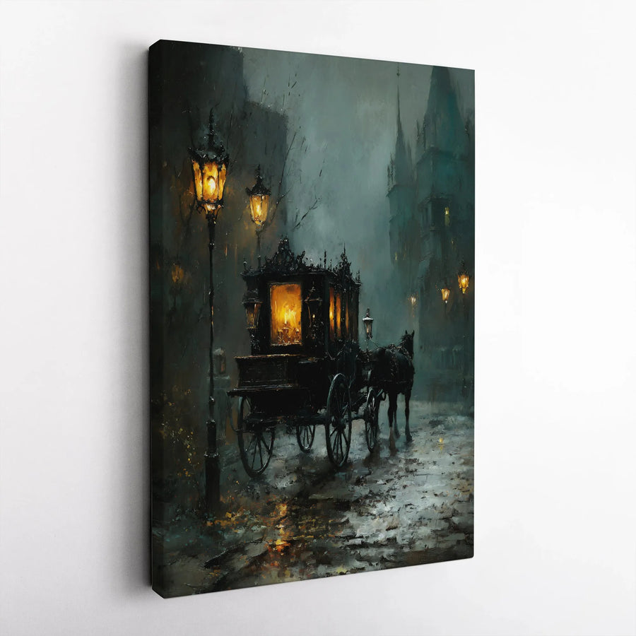 Victorian Horse-Drawn Carriage Canvas Print | Rainy Night Gothic Street Wall Art | Premium Gallery-Wrapped Decor | Moody Aesthetic Gift for Home