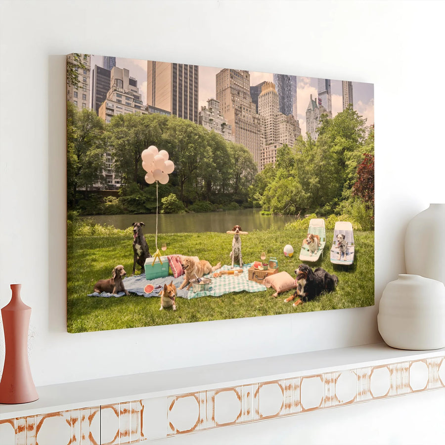 Dogs in Central Park Canvas Wall Art | Funny Dog Picnic Scene | Premium Fade-Resistant Print | Gift for Dog Lover & NYC Decor