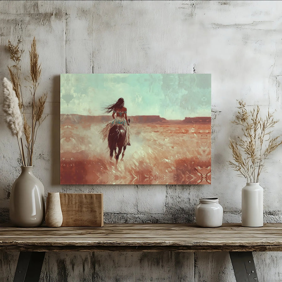 Impression sur toile d’une Amérindienne à cheval | Peinture impressionniste du désert de l’Ouest américain | Toile haut de gamme tendue sur châssis | Cadeau de décoration intérieure du Sud-Ouest américain