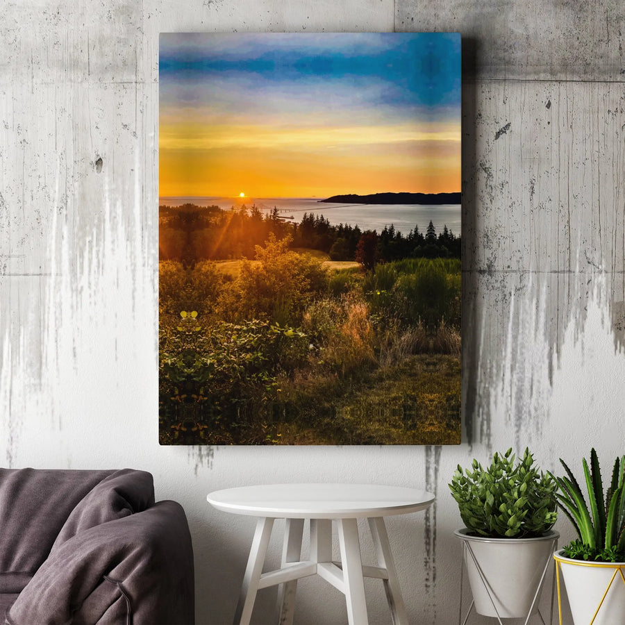 Coastal Sunset Landscape Canvas | Golden Hour Forest & Bridge Wall Art | Premium Gallery Wrapped Print | Nature Inspired Home Decor Gift