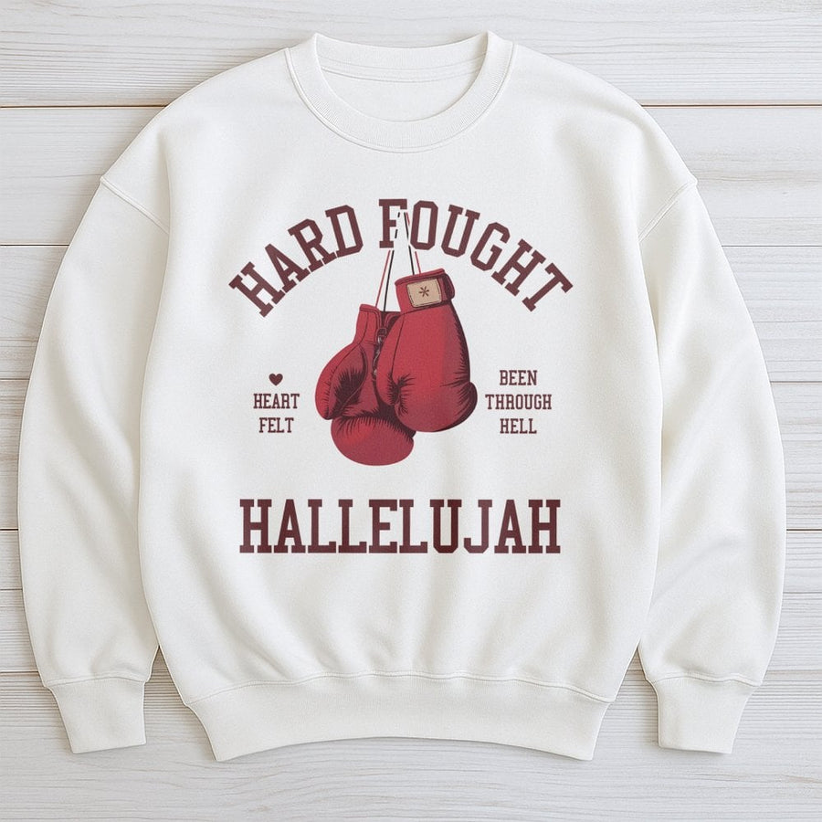 Hard Fought Hallelujah Sweatshirt | Boxing Gloves Graphic Print | Premium Cotton-Blend Fleece | Religious Faith Gift for Men and Women