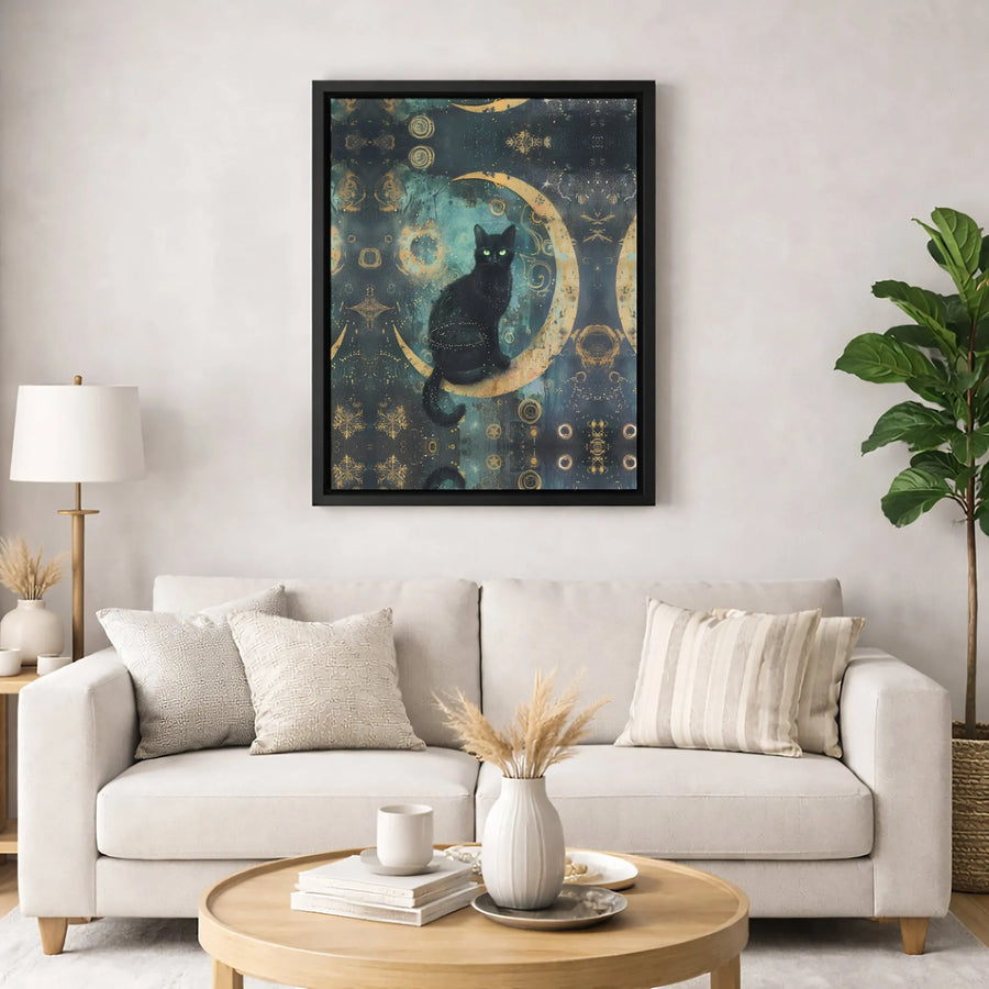 Black Cat Wall Art | Celestial Crescent Moon Design | Premium Gallery Canvas | Witchy Decor Gift for Cat Lovers