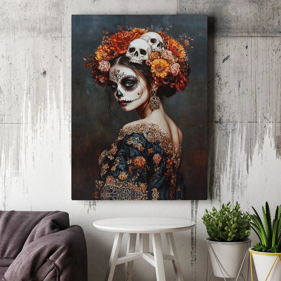 Day of the Dead Canvas Wall Art | Sugar Skull Woman Floral Portrait | Gallery Quality 1.25" Thick Print | Gothic Home Decor Gift