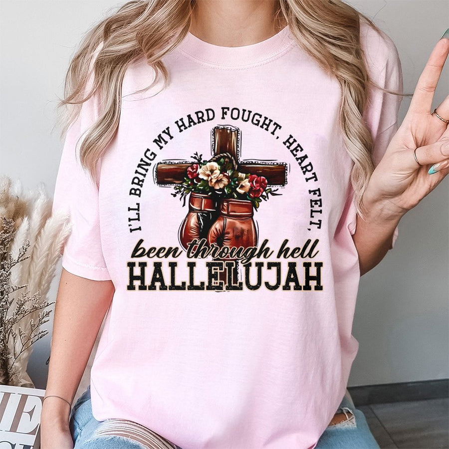Christian Boxing T-Shirt | Been Through Hell Hallelujah Quote | Premium 100% Cotton Graphic Tee | Inspirational Gift for Strong Women