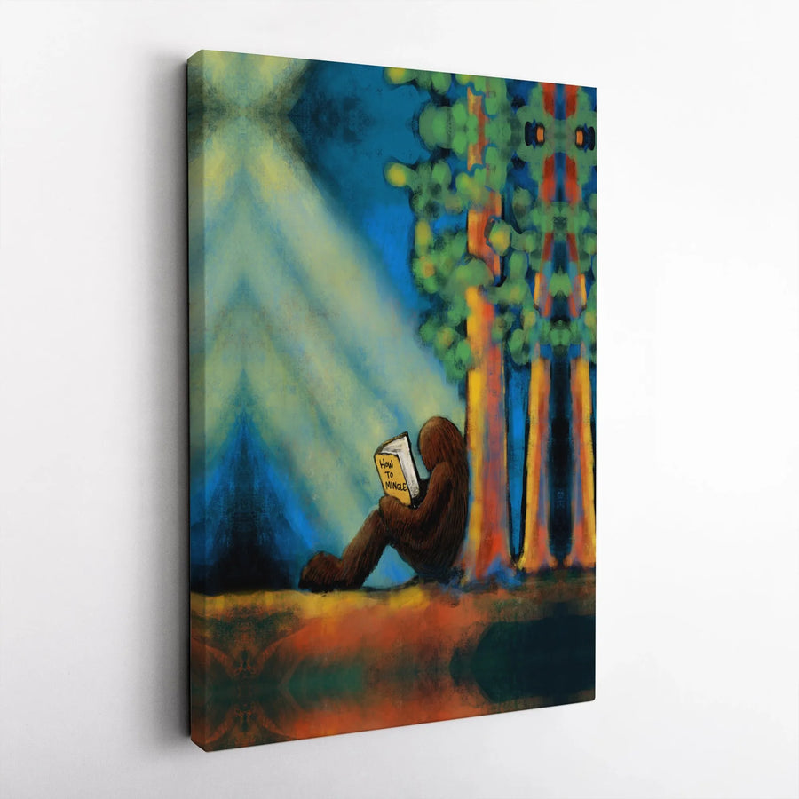 Bigfoot Reading Book Canvas | Funny Sasquatch Forest Wall Art | Premium 1.25-Inch Gallery Wrap | Whimsical Nature Decor Gift for Him