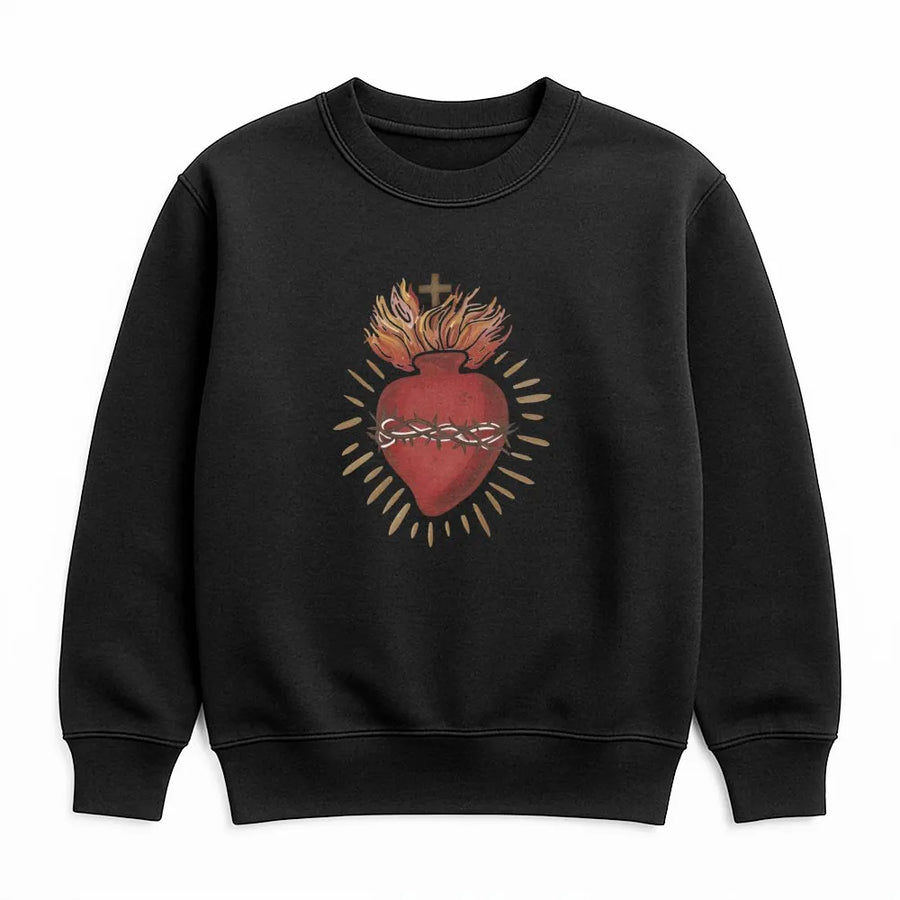 Sacred Heart Sweatshirt | Burning Heart Crown Of Thorns Graphic | Premium Cotton Blend | Religious Faith Gift For Him And Her