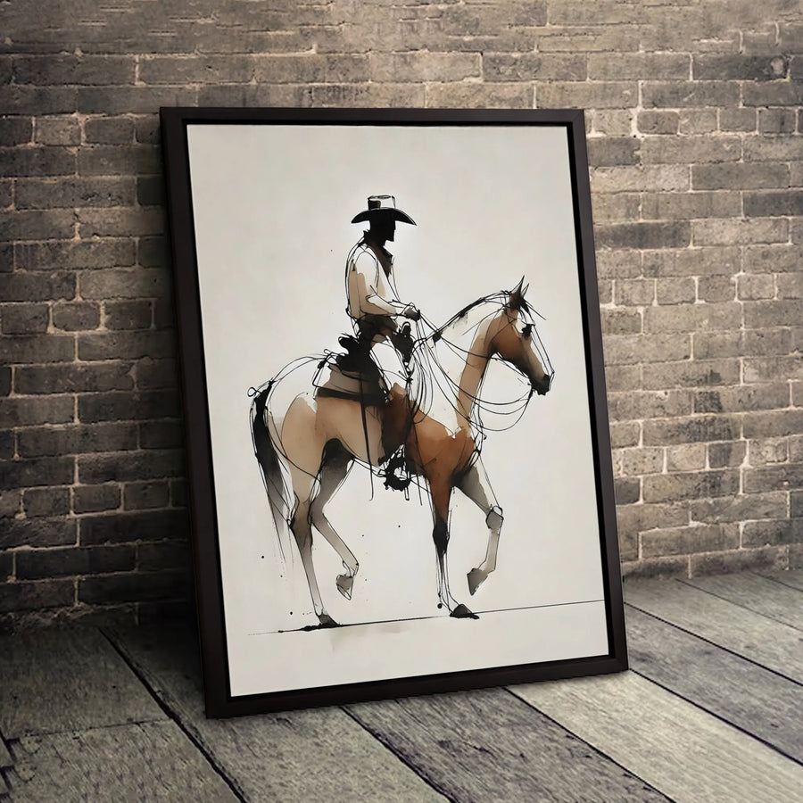 Cowboy Riding Horse Canvas Wall Art | Minimalist Ink Sketch Style | Premium Gallery-Wrapped Print | Western Home Decor Gift for Him