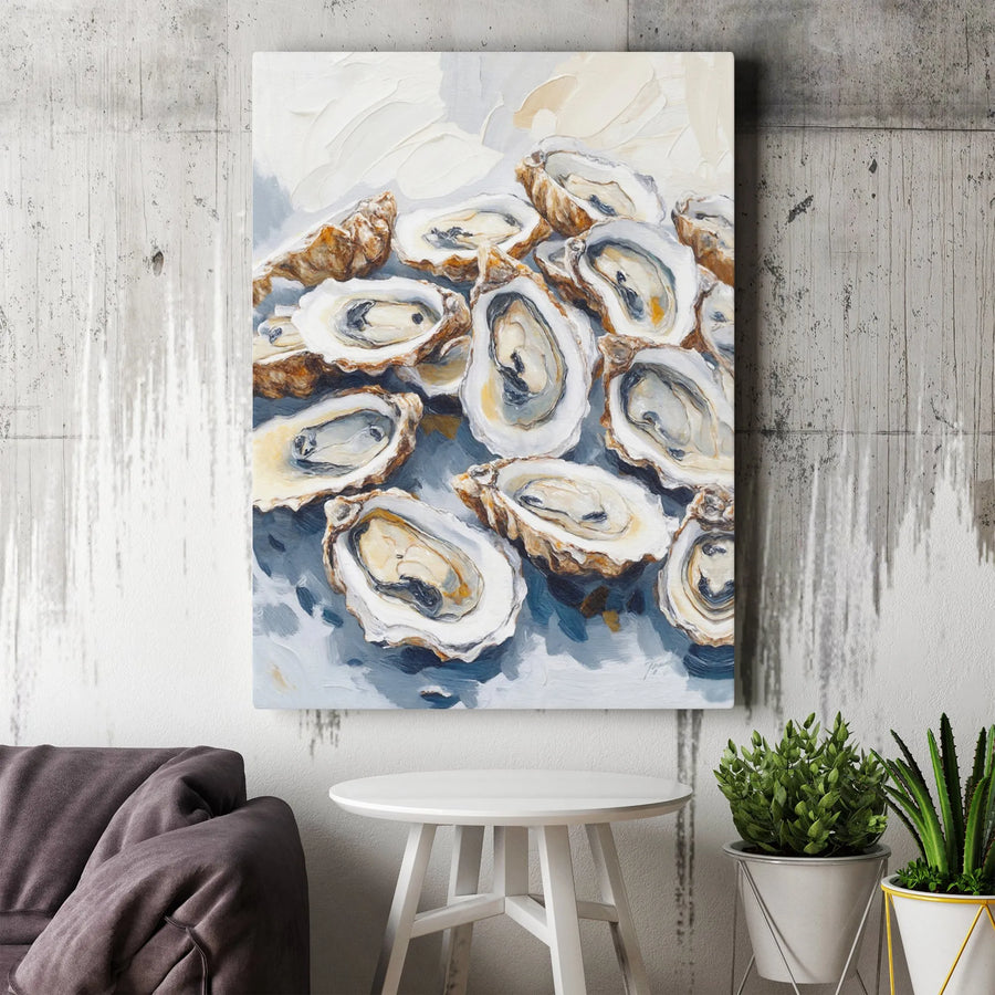 Oyster Shell Canvas Wall Art | Impressionist Seafood Oil Painting Style | Premium Gallery Wrap 1.25 Inch | Coastal Kitchen Decor For Foodies