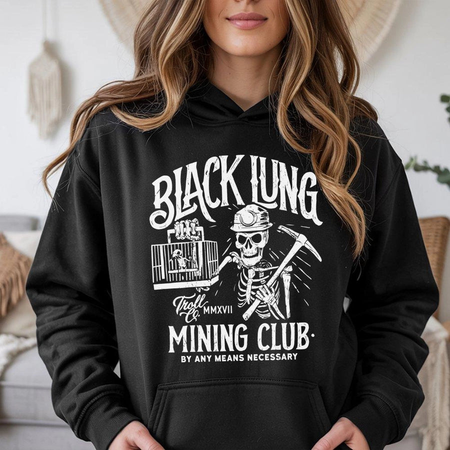 Black Lung Mining Club Hoodie | Edgy Skeleton Graphic Streetwear | Premium Cotton Blend | Gift For Miners & Alternative Style Fans