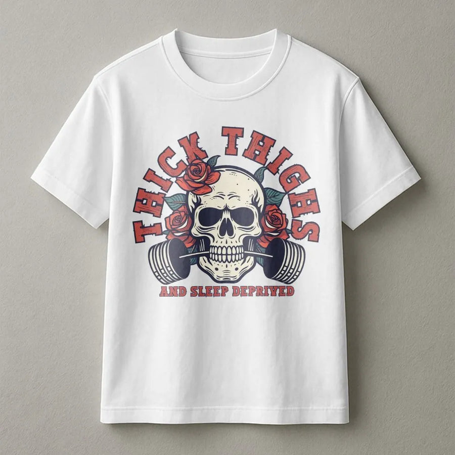 Thick Thighs And Sleep Deprived Graphic Tee | Skull Weightlifting Roses Design | 100% Cotton Premium Shirt | Funny Gym Workout Gift For Fitness Lovers