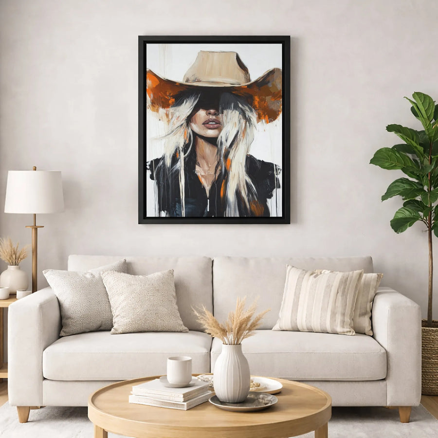 Western Cowgirl Canvas Wall Art | Abstract Blonde Woman Oil Painting Style | Premium 1.25" Gallery Wrap | Modern Home Decor Gift for Her