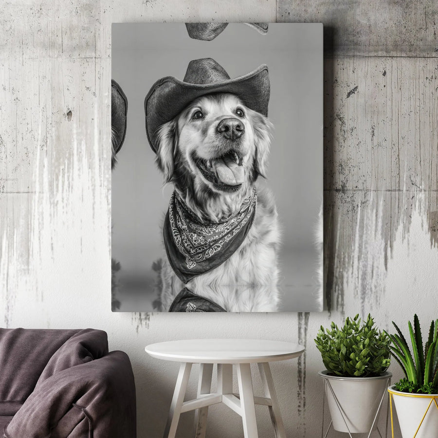 Cowboy Dog Canvas Wall Art | Golden Retriever Black and White Photo | Premium Gallery Wrap Canvas | Gift for Dog Lover & Western Home Decor