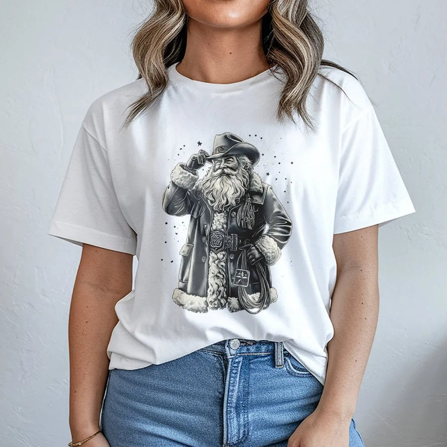Cowboy Santa T-Shirt | Vintage Western Christmas Graphic | Premium Soft Cotton Tee | Festive Holiday Gift for Ranchers and Country Music Fans