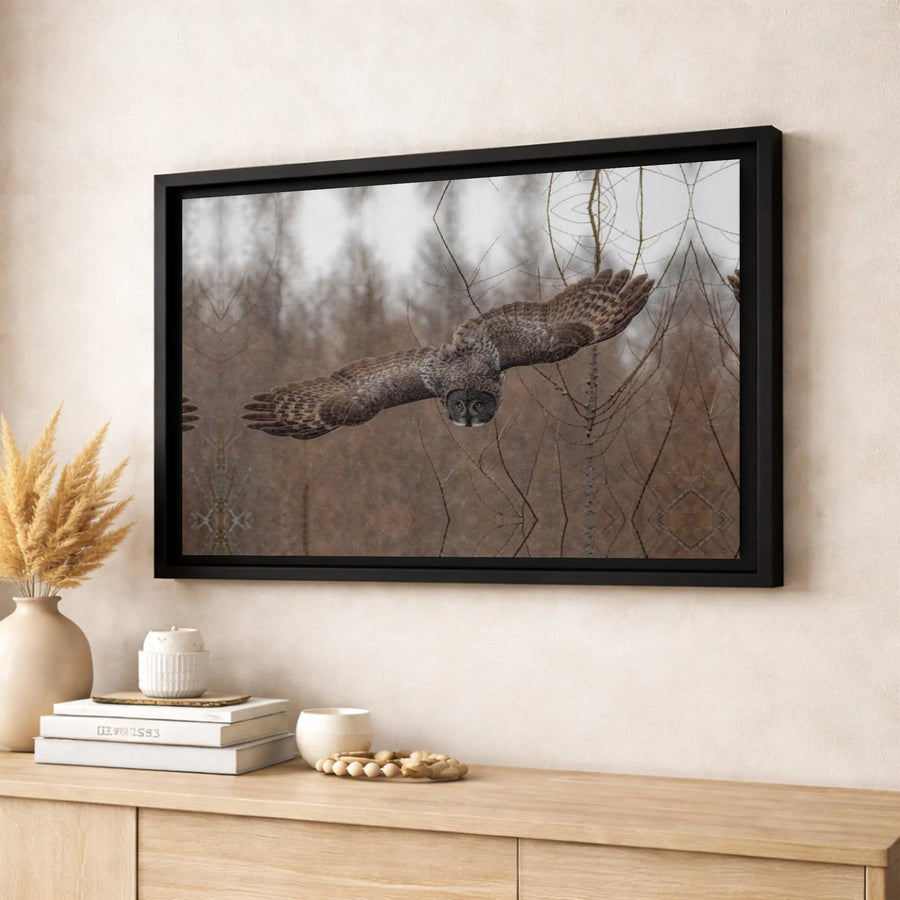 Great Grey Owl Canvas Print | Flying Wildlife Photography Wall Art | Premium Gallery Wrapped 1.25" Profile | Nature Lover Gift & Office Decor