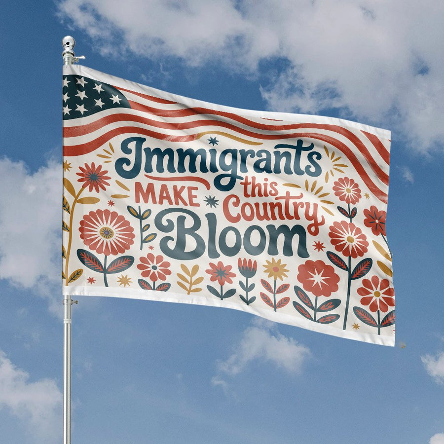 Immigrants Make This Country Bloom House Flag | Folk Art Floral Patriotic Garden Decor | Weather-Resistant Polyester | Proud American Home Gift