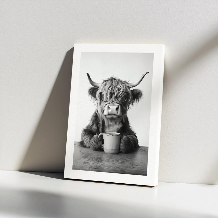 Highland Cow Canvas Wall Art | Quirky Farmhouse Coffee Decor | Premium Gallery Wrap Print | Whimsical Animal Portrait for Kitchen Home Gift