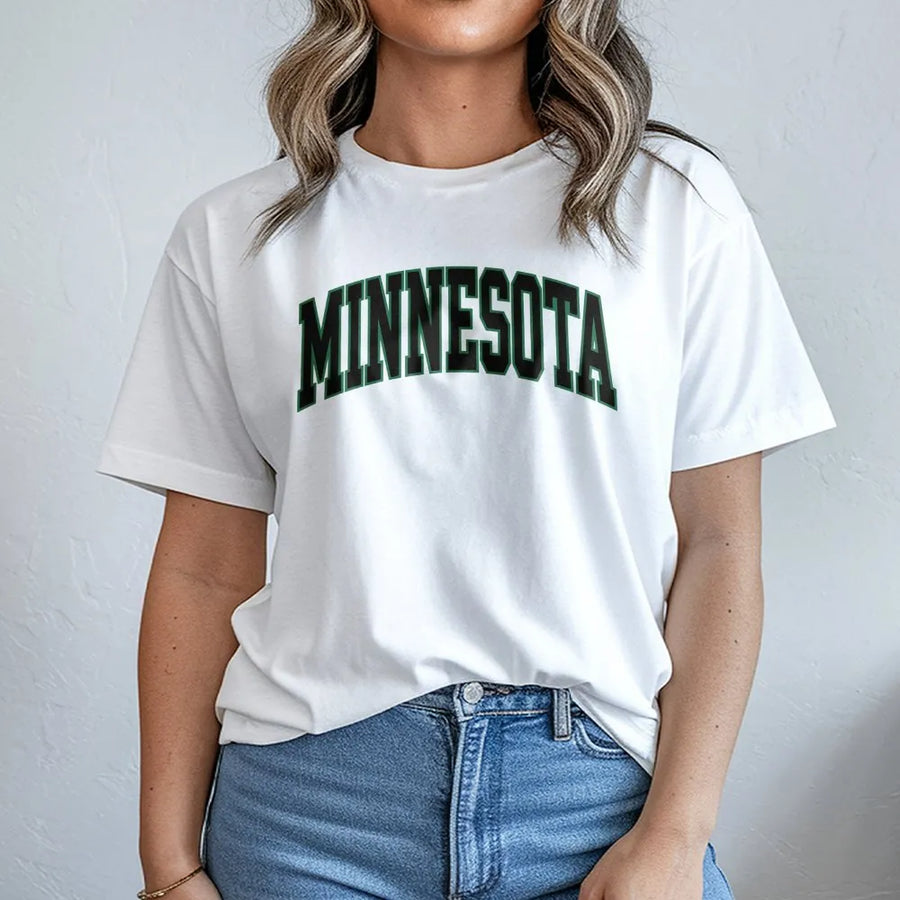 Minnesota State Varsity T-Shirt | Retro Arch Lettering Graphic | Premium Soft Cotton Blend | Athletic Hometown Pride Apparel Gift For Fans