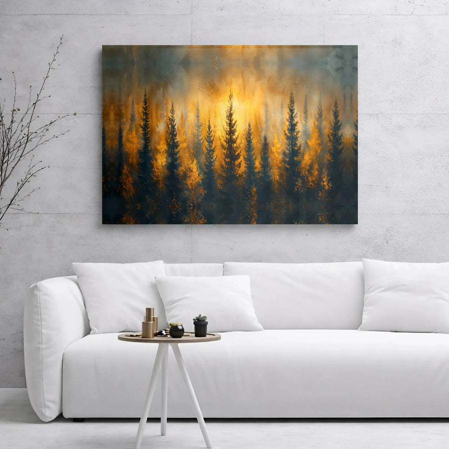 Golden Forest Sunset Canvas Wall Art | Impressionist Pine Tree Landscape | 1.25-Inch Gallery Wrap Print | Nature-Inspired Home Decor