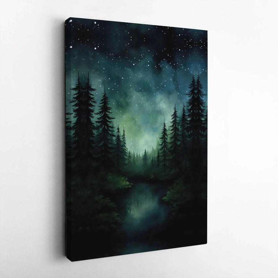 Mystical Pine Forest Canvas Wall Art | Starry Night River Landscape | Premium Gallery Wrap Print | Nature Lover Home Decor Gift