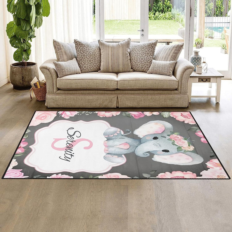 Elefanten-Spielmatten mit rosa Blumenmotiv, Kinderzimmerteppiche mit individuellem Namen, Babyzimmerdeko und Babypartygeschenk | Ziror