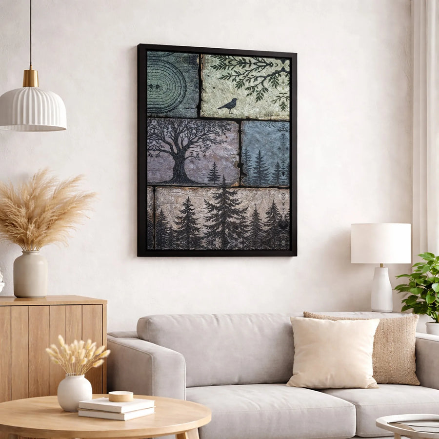 Rustic Nature Wall Art | Woodland Tree Ring and Forest Collage Print | Premium Gallery Wrapped Canvas | Earthy Forest Home Decor Gift