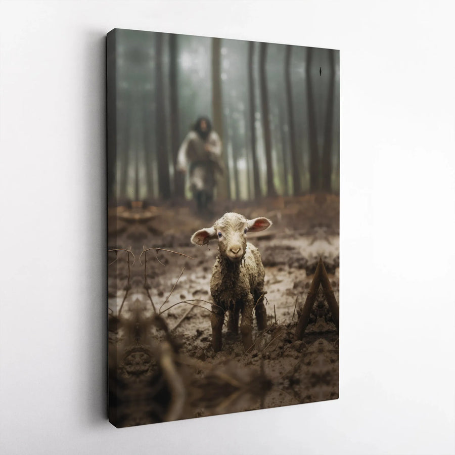 The Lost Sheep Canvas Wall Art | Jesus Finding Lamb in Forest | Premium Gallery Wrapped Canvas | Christian Home Decor Inspirational Gift