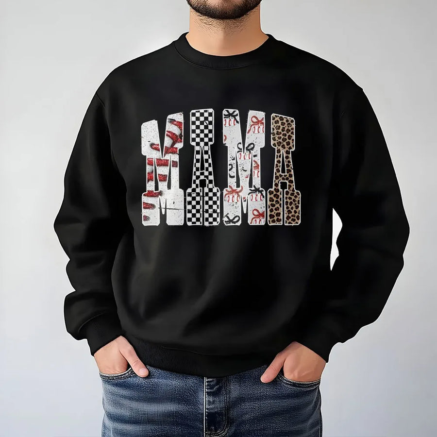 Baseball Mama Sweatshirt | Retro Leopard Checkerboard Bow Design | Premium Cotton Blend | Gift for Sports Mom and Game Day Apparel