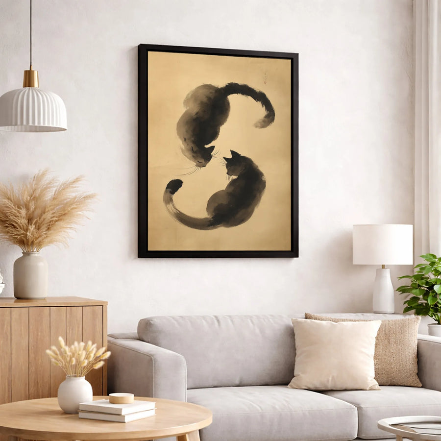 Japanese Yin Yang Cat Canvas | Sumi-E Ink Wash Style Wall Art | Premium Fade-Resistant Gallery Wrap | Zen Home Decor Gift for Cat Lovers