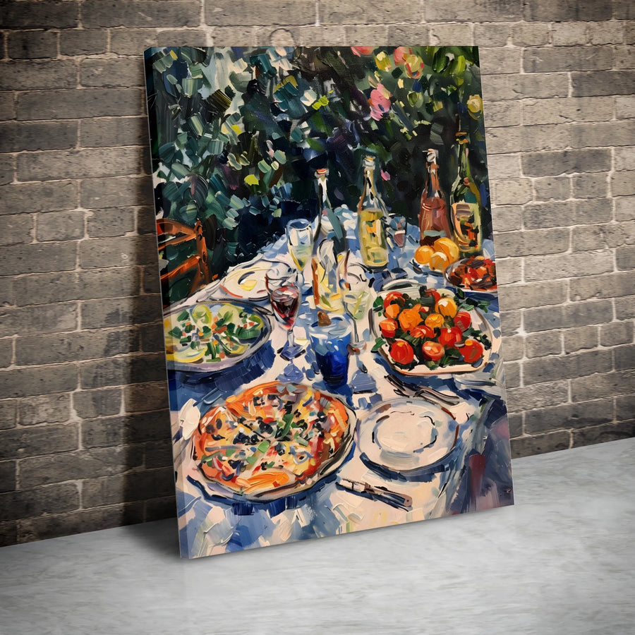 Italian Dinner Pizza Canvas Print | Impressionist Al Fresco Food Art | Gallery Quality 1.25 Inch Wrap | Kitchen Wall Decor Gift