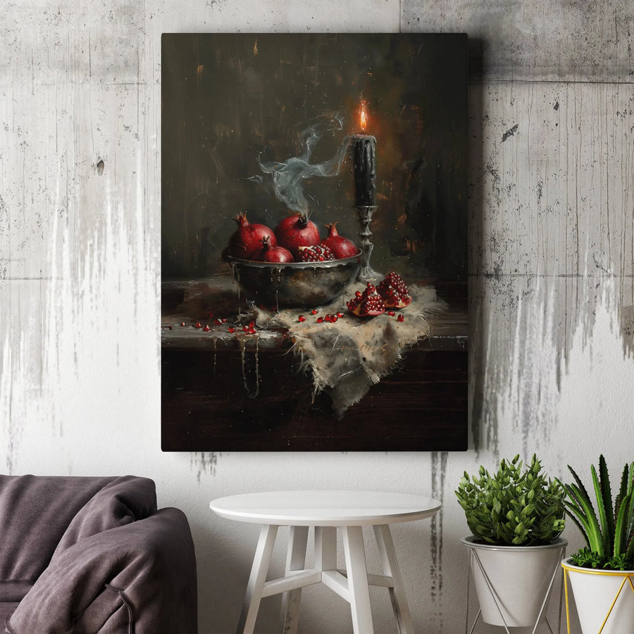 Still Life Pomegranate Canvas Print | Moody Dark Academia Kitchen Wall Art | 1.25 Inch Gallery Wrap | Elegant Dining Room Decor Gift