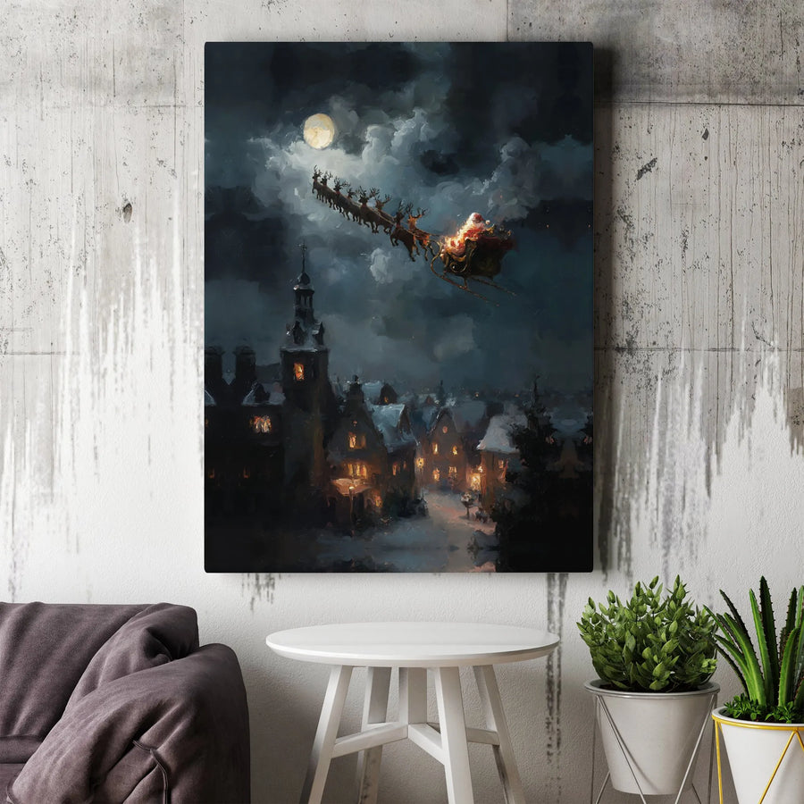Santa Sleigh Canvas Print | Snowy Christmas Village Night Scene | Premium Fade-Resistant Wall Art | Holiday Home Decor Gift