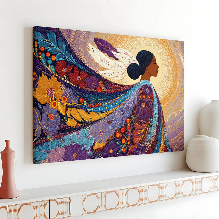 Indigenous Woman Canvas Wall Art | Vibrant Floral Mosaic Print with Feathers | Premium Fade-Resistant Gallery Wrap | Spiritual Home Decor Gift