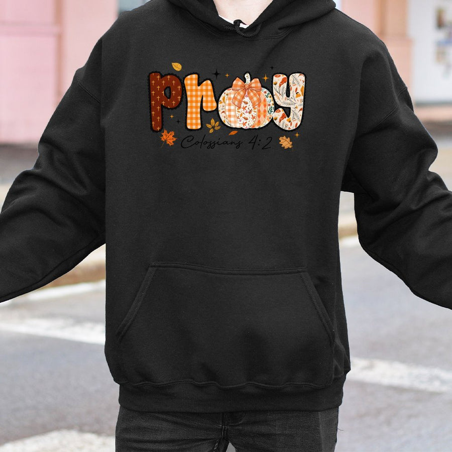 Pray Colossians 4:2 Fall Hoodie | Pumpkin Spice Plaid Faith Design | Cotton-Poly Blend Comfort | Christian Gift for Women and Teens