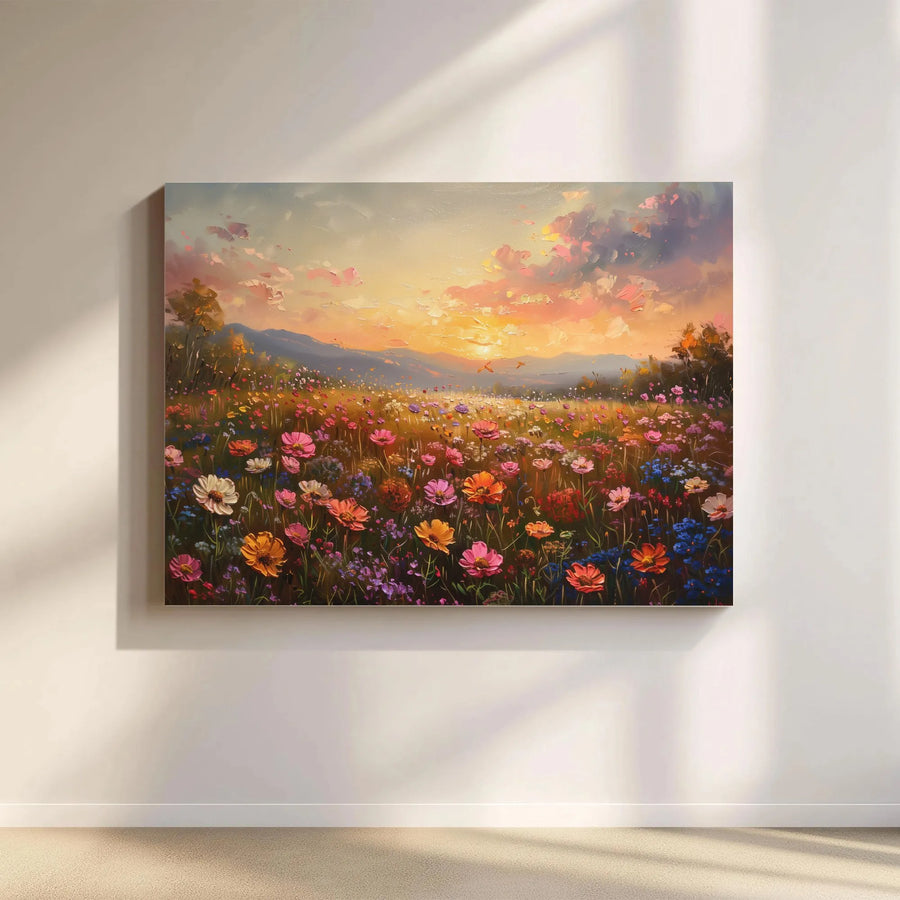 Wildflower Field Canvas Art | Impressionist Sunset Landscape | Premium 1.25-inch Gallery Wrap | Home Office Wall Decor Gift