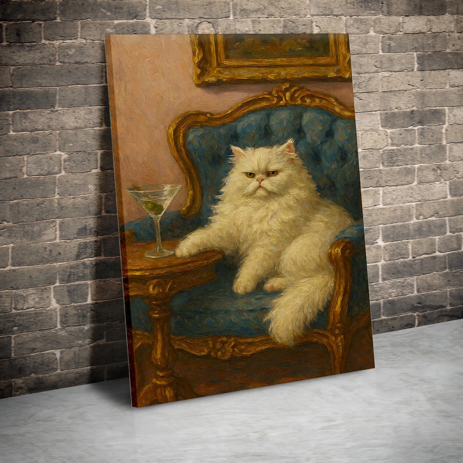 Funny Persian Cat Canvas Wall Art | Cat with Martini Vintage Painting | Premium Gallery Wrap Print | Unique Gift for Cat Lover, Humorous Bar Decor