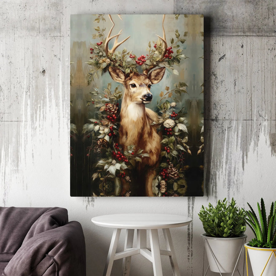 Majestic Deer Canvas Print | Christmas Floral Berries and Pine Cones Art | Gallery Quality 1.25" Profile | Holiday Home Decor Gift