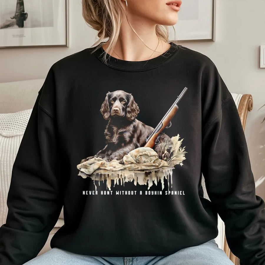 Boykin Spaniel Sweatshirt | Realistic Hunting Dog Art & Shotgun Graphic | Premium Cotton Blend | Gift for Hunter & Southern Dog Lover