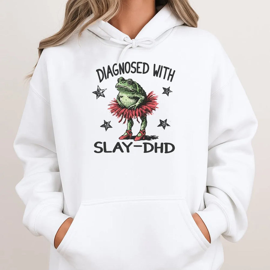 Funny ADHD Frog Hoodie | Diagnosed With Slay-DHD Meme Graphic | Premium Comfort Colors Tee | Neurodivergent Awareness Gift