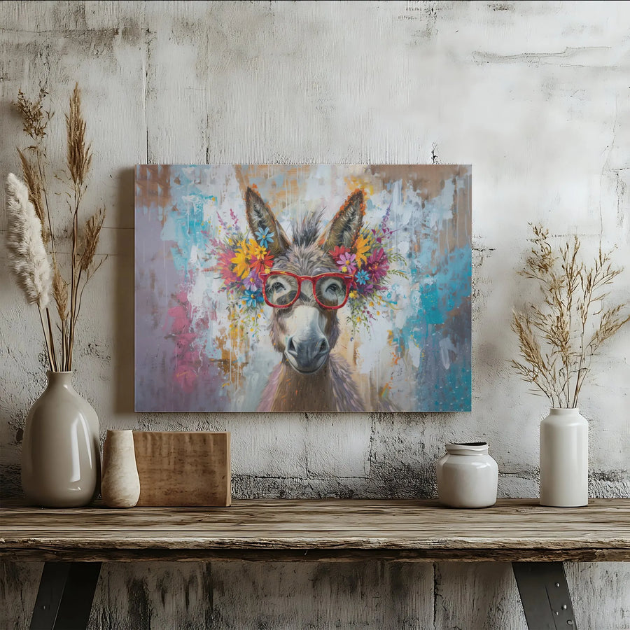 Donkey Wall Art Canvas | Whimsical Animal Portrait With Red Glasses And Flower Crown | Premium Gallery Wrap | Unique Farmhouse Home Decor Gift