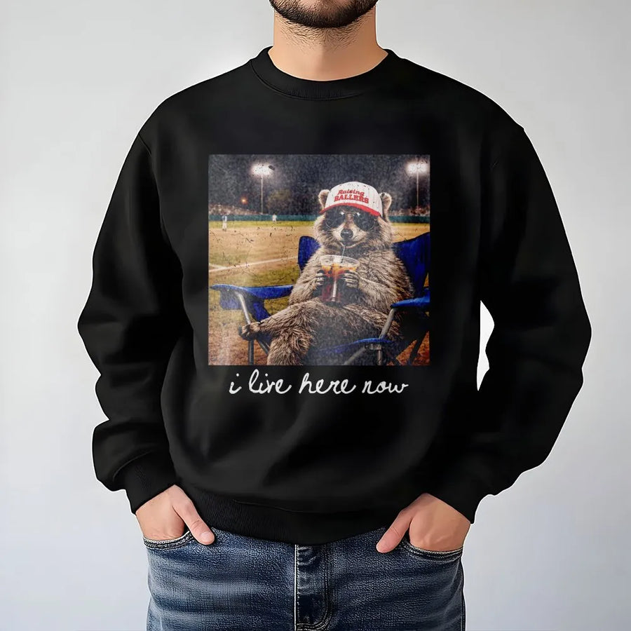 Funny Raccoon Baseball Mom Sweatshirt | I Live Here Now Vintage Ballpark Graphic | Premium Cotton Blend | Gift for Softball Mama