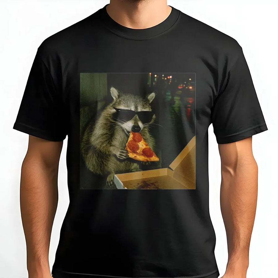 Raccoon Eating Pizza T-Shirt | Cool Sunglasses Animal Meme Graphic | Premium Soft Cotton Tee | Funny Gift For Animal Lovers And Men Women