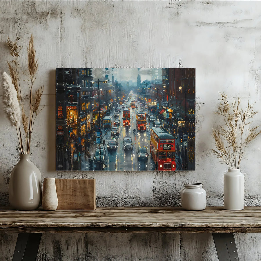 Rainy London Cityscape Wall Art | Impressionist Urban Painting with Red Buses | Premium Canvas Print | Living Room & Office Decor Gift