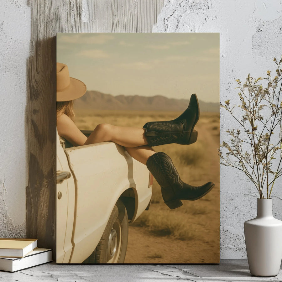 Cowgirl Canvas Wall Art | Vintage Western Truck and Boots Design | Premium 1.25 inch Gallery Wrap | Country Home Decor Gift