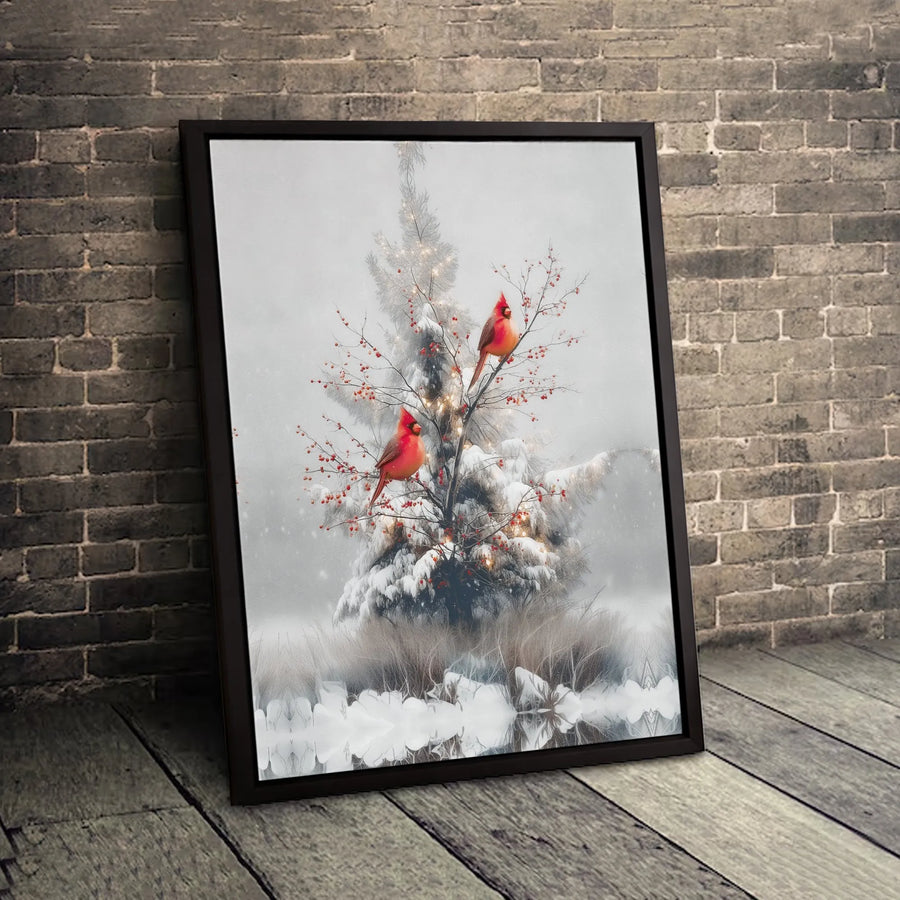 Red Cardinal Canvas Wall Art | Snowy Winter Pine Tree Decor | Premium Gallery Wrap Print | Christmas Holiday Home Gift