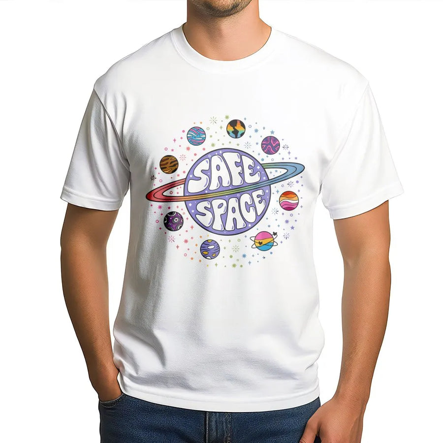Safe Space T-Shirt | LGBTQ Pride Planet Graphic | Premium Soft Cotton Tee | Inclusive Apparel Gift For Allies