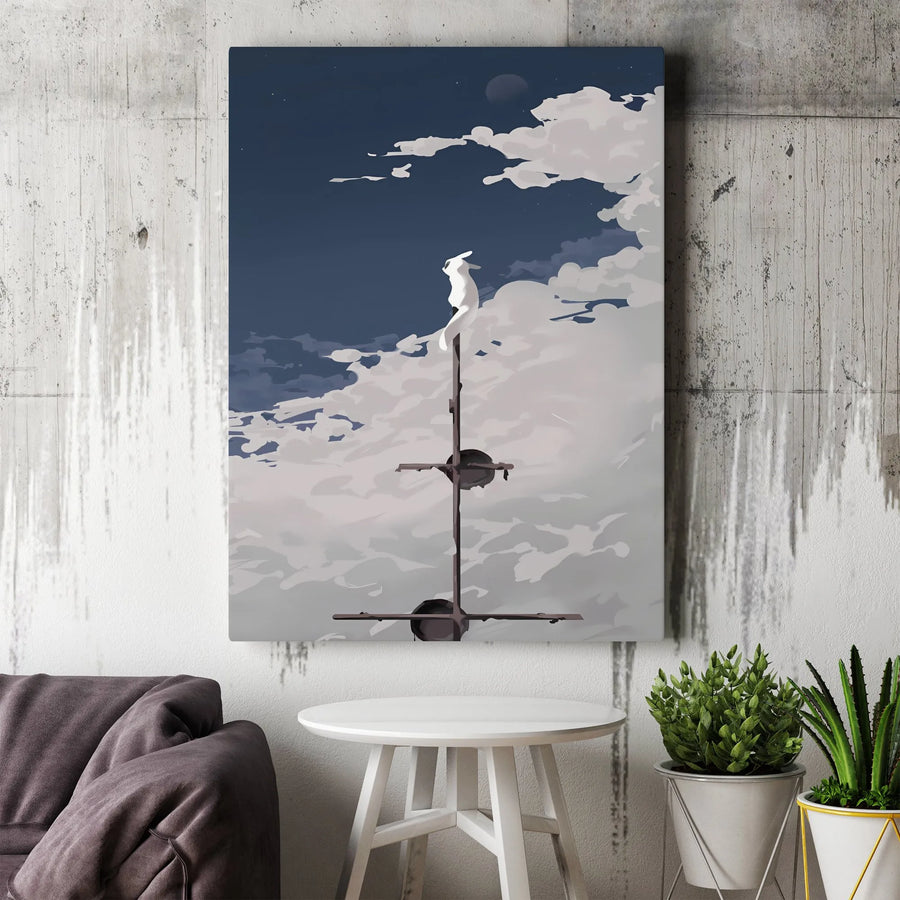 Surreal White Rabbit Wall Art | Dreamy Night Sky Cloud Canvas Print | Premium 1.25-inch Gallery Wrap | Whimsical Home Decor Gift for Rabbit Lovers