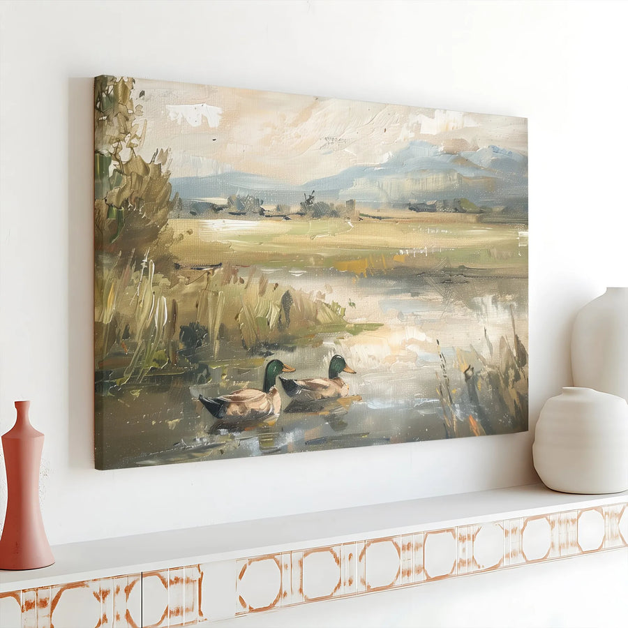 Mallard Ducks Pond Canvas Art | Impressionist Wildlife Landscape Painting | 1.25-Inch Gallery Wrap Print | Nature Lover Home Decor Gift