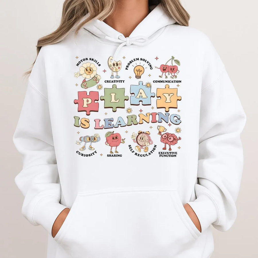 Play is Learning Teacher Hoodie | Retro Play Based Learning Graphic | Soft Cotton Blend | Gift for Kindergarten & Preschool Educator