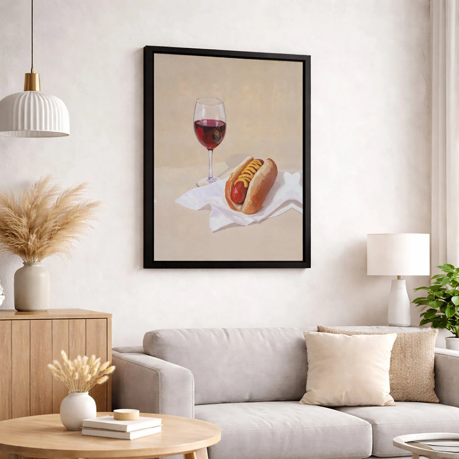 Hot Dog and Red Wine Still Life Art | Quirky Foodie Kitchen Canvas | Gallery Quality Fade-Resistant Print | Unique Modern Home Decor Gift